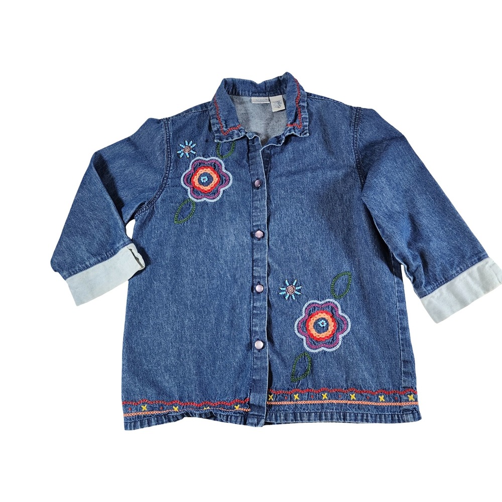 Bleu Bayou Mens Medium Blue Denim Floral‎ Embroidered Beaded 3/4 Sleeve Shirt M
